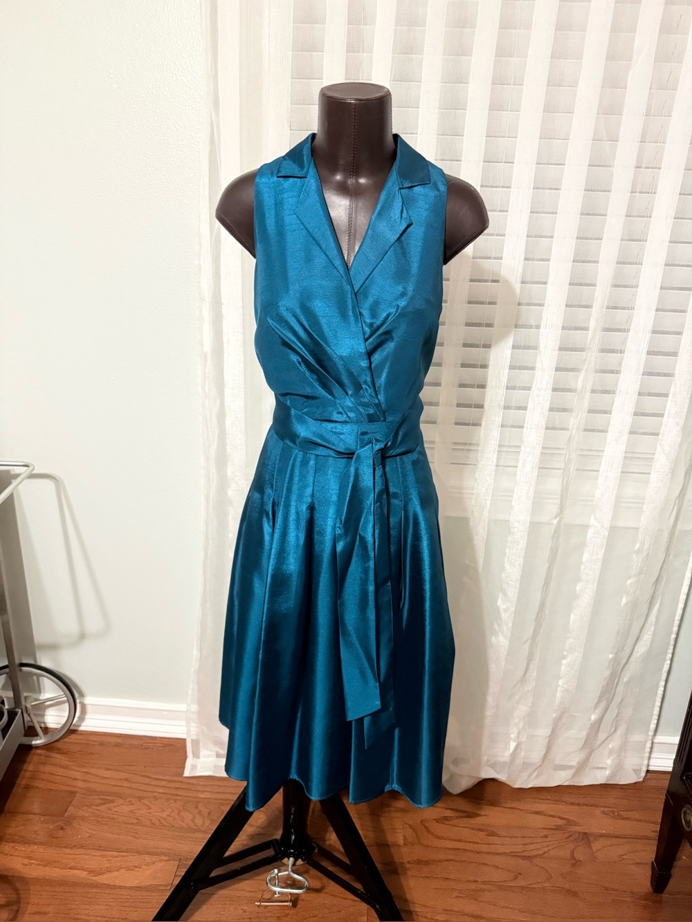 Evan Picone Teal Satin Wrap Dress with Waist Tie